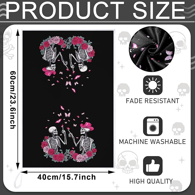 Bencailor 6 Pcs Valentines Day Skull Kitchen Towels Gothic Valentines Dish Hand Towels Skeleton Pink Red Rose Tea Washcloth for Lover Gifts Bathroom Kitchen Decor 24 x 16 inch