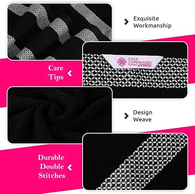 CASA COPENHAGEN Solitaire 6Pcs 100% Egyptian Cotton Large Designer Towels Gift Set- White-Jet Black, 600GSM, 2Bath 2Hand 2Washcloths, Bath Towels for Bathroom Set for Women & Men
