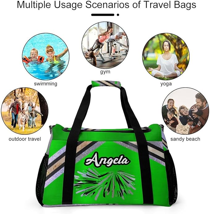 Cheerleader Green Grey Glitter Print Duffle Bag for Men Women, Personalized Custom Name Text Crossbody Bags, Travel Sport Gym Perform Training Gym Bag
