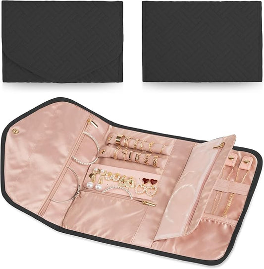 Travel Jewelry Roll Organizer Bag Foldable and Anti-Tangle Jewelry Holder Storage for Rings, Necklaces, Bracelets, Earrings and Accessories, Medium Black