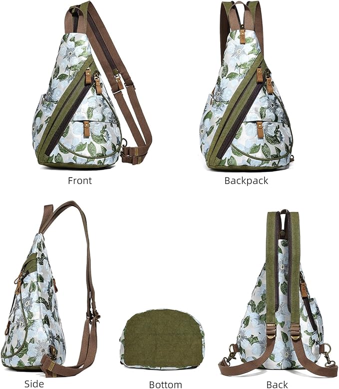 KL928 Canvas Sling Bag - Small Crossbody Backpack Shoulder Casual Daypack Rucksack for Men Women(Embroidery Green)