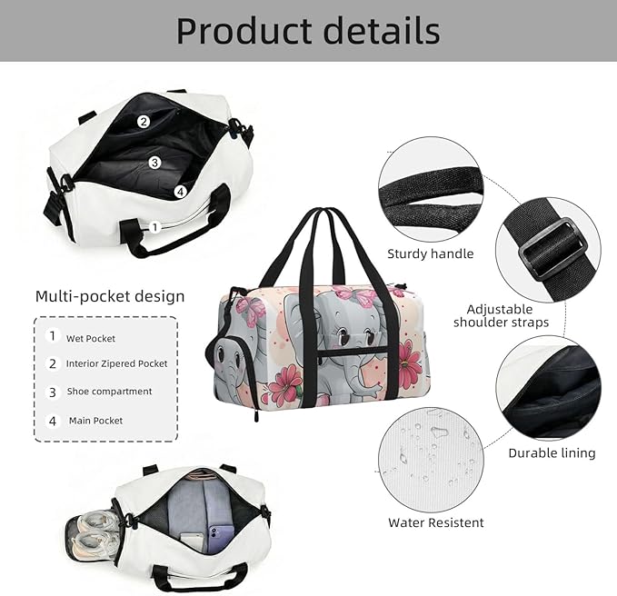 Sports Gym Bag Cute Elephant Pink Flower Butterfly Travel Duffel Bag With Shoe Compartment Shoulder Strap, Lightweight Water-Resistant Weekend Overnight Totes For Women Men
