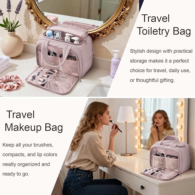 Travel Toiletry Bag for Women, Lightweight Large Quilted Puffy Makeup Bag Wide-open Make up Organizer Cloud Cosmetic Bag w/Handle for Traveling Toiletries Essentials Accessories Light Pink