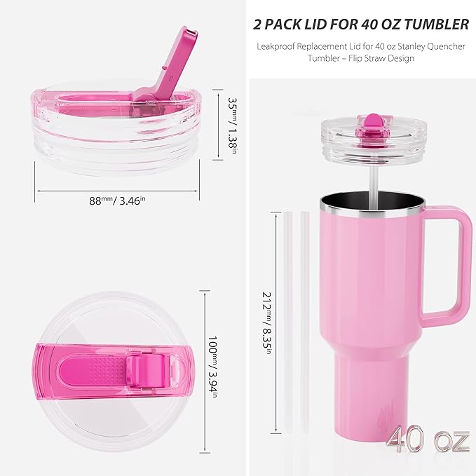 2 Pack Flip Straw Lid for Stanley 40 oz Quencher H2.0 & ProTour, Flip Straw Tumbler Lid for Stanley Cup, Leakproof, No Spill & Easy to Use Reusable Tumbler Cover (Passion Pink)
