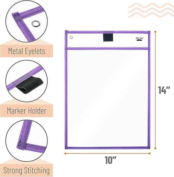 Mr. Pen- Dry Erase Pocket Sleeves, 10 x 14 Inch, 6 Pack, Pastel Colors, Reusable Plastic Sleeves for Classroom, Clear