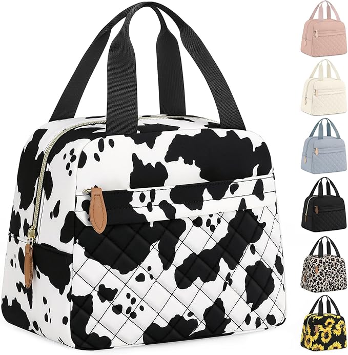Insulated Lunch Bag for Women, Portable Lightweight Lunch Box for Adults, Reusable Small Lunch Tote Cooler Bags with Front Zipper Pocket for Work School Picnic(Cow)