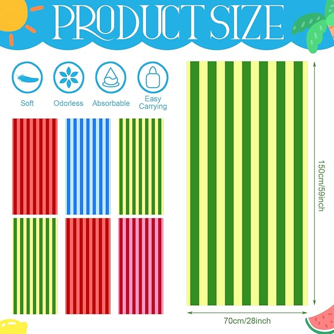 Peryiter 6 Pcs Oversized Microfiber Beach Towels 59 x 28 Inch Large Quick Dry Pool Towels Absorbent Camping Travel Blanket Set for Women Men Bath Beach(Fresh Stripe,28 x 59 Inch,Mixed Color)
