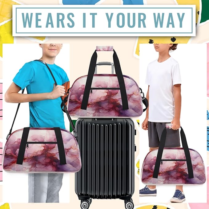 Sports Duffel Bags, Purple And Gold Watercolor Splatter Water-Resistant Gym Duffle Bag for Men Women, Lightweight Weekender Overnight Bag for Fitness, Workout, Travel
