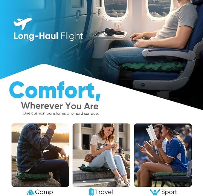 Sekey Pump Up Inflatable Seat Cushion, Portable & Lightweight Airplane Seat Cushion, for Long Flights Stadium Camping Office Travel