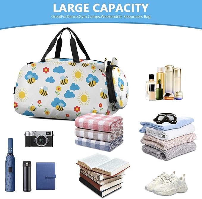 Bee Sun Cloud Gym Bag Kids Sports Duffle Dance Bag Carry On Small Travel Weekender swim Bags with Shoes Pocket for Girls Boys Women Airplanes Ttrip Sports Yoga