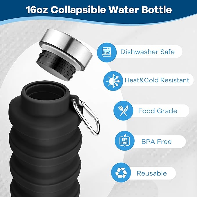 Collapsible Water Bottles 17oz, Portable Leak-Proof Travel Water Bottle, Reusable BPA Free Silicone Foldable Water Bottle with Carabiner for Gym, Traveling, Camping, Hiking, Sports-Pink