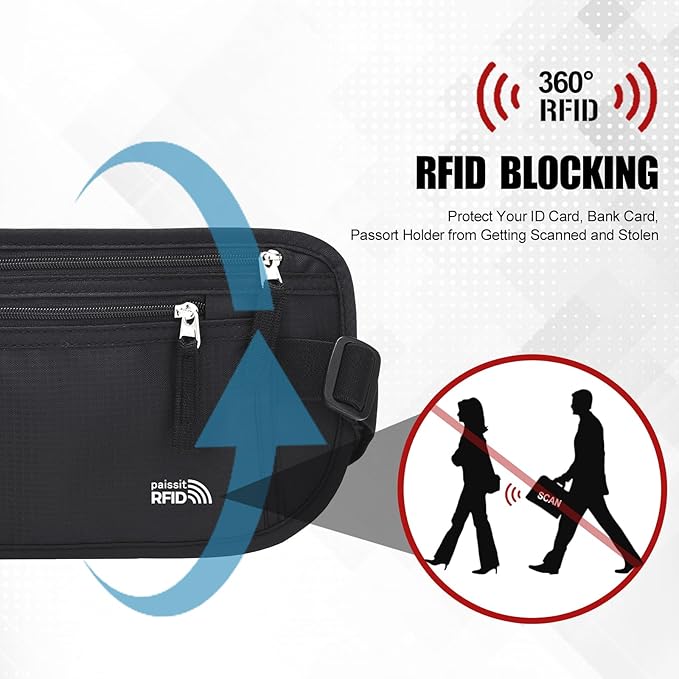 Small Unisex Money Belt For Men and Women, Slim Passport Holder RFID Blocking Travel Essentials Pouch with Adjustable Strap Small Waist Pouch for Workout Running Travelling Hiking