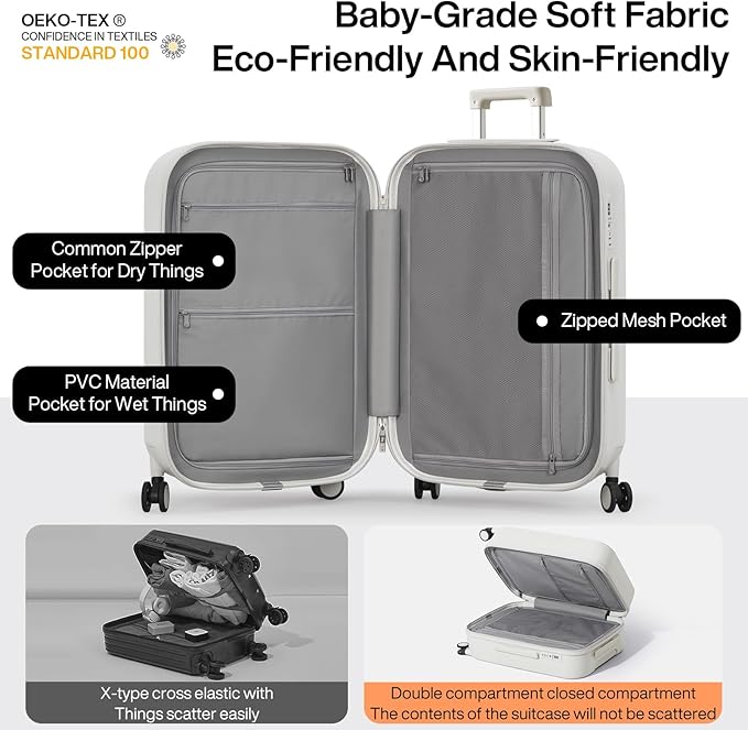 mixi Checked Luggage with Cup Phone Holder Hard Shell Rolling Travel Suitcase with Spinner Wheels,26 Inch Smoke White