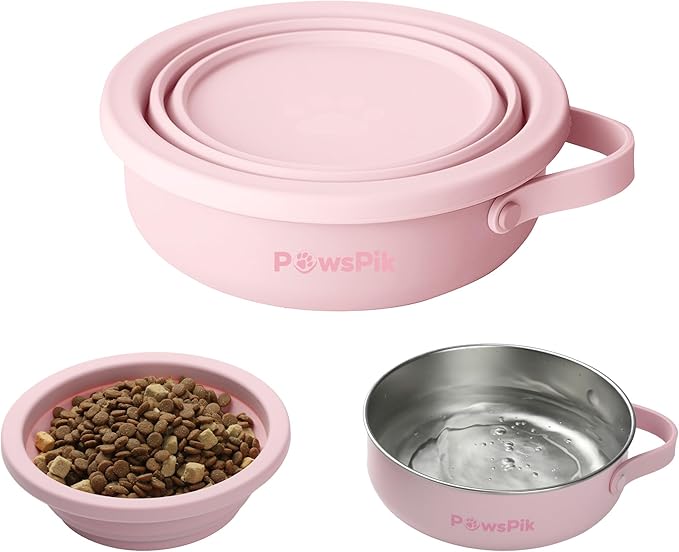 PawsPik 2-in-1 Travel Dog & Cat Bowl – Collapsible BPA-Free Silicone & 18/8 Stainless Steel, Portable & Non-Slip with Handle, Easy to Clean, Food & Water Bowl for On-The-Go Pets (Cherry Blossom Pink)