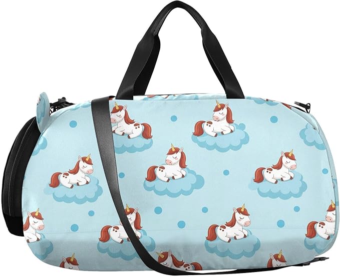 VIGTRO Cute Unicorn Sleeping Clouds Kids Overnight Travel Duffel Bag Sport Gym Bag for Boys Girls with Shoe Compartment, Carry On Weekender Luggage Bag for Dance Swim Yoga