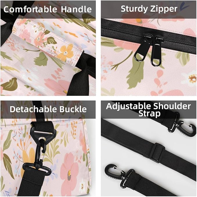 Sports Duffel Bags, Pink Background Floral Print Water-Resistant Gym Duffle Bag for Men Women, Lightweight Weekender Overnight Bag for Fitness, Workout, Travel