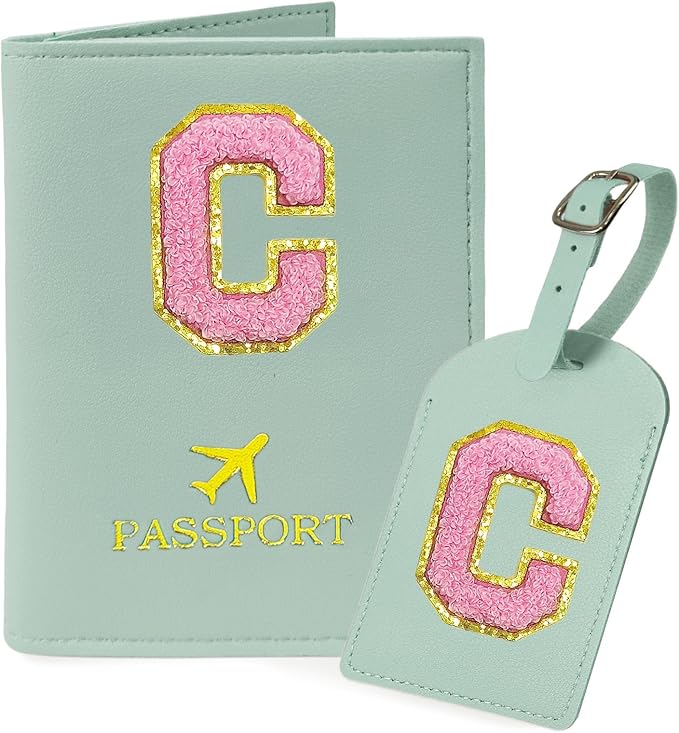 COSHAYSOO Initial Passport Cover Luggage Tag Set Letter Passport Holder Airplane Cruise Travel Essentials Vacation Traveling Accessories Personalized Gifts for Women Teen College Girls Teal C