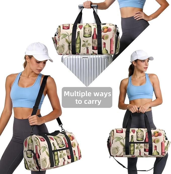 Sports Gym Bag Fruits Wine Bottle Pattern Travel Duffel Bag With Shoe Compartment Shoulder Strap, Lightweight Water-Resistant Weekend Overnight Totes For Women Men