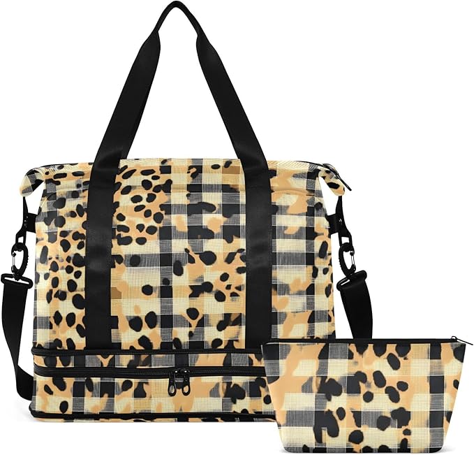 Gym Bag Duffel Bags Checkered Leopard Print Carry On Weekender Bag Set with Shoes Compartment for Travel Sports Yoga
