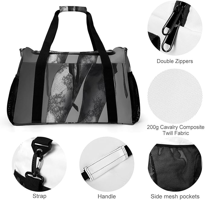 High Heels Black Lace Stockings Duffle Bag Gym Bag for Workout Travel Tote with Detachable Straps