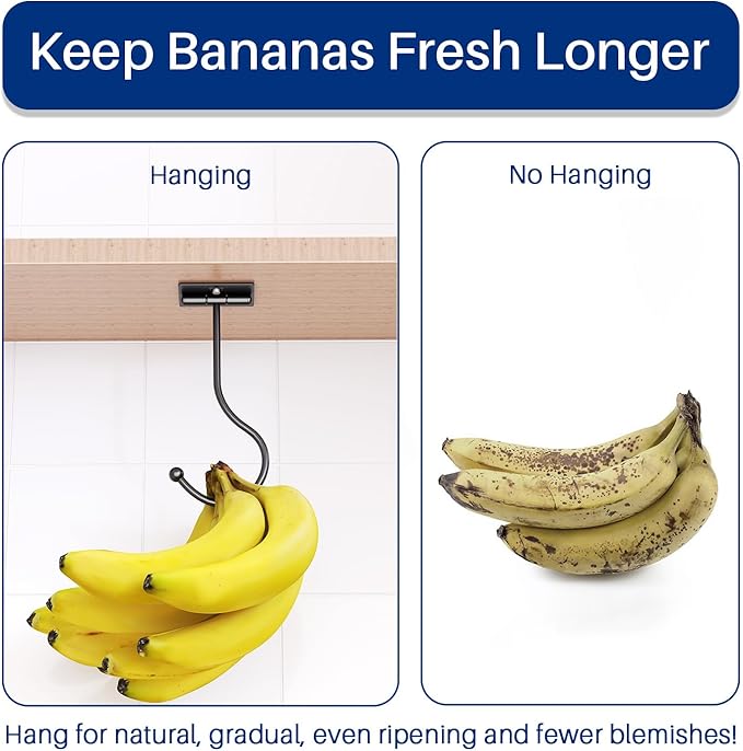 Modern Banana Hanger Hook Under Cabinet: Adhesive Banana Holder, Foldable with Magnets When Not in Use, Under Counter Banana Hook, Stainless, Hold 13 LB, Black, 2 Pack