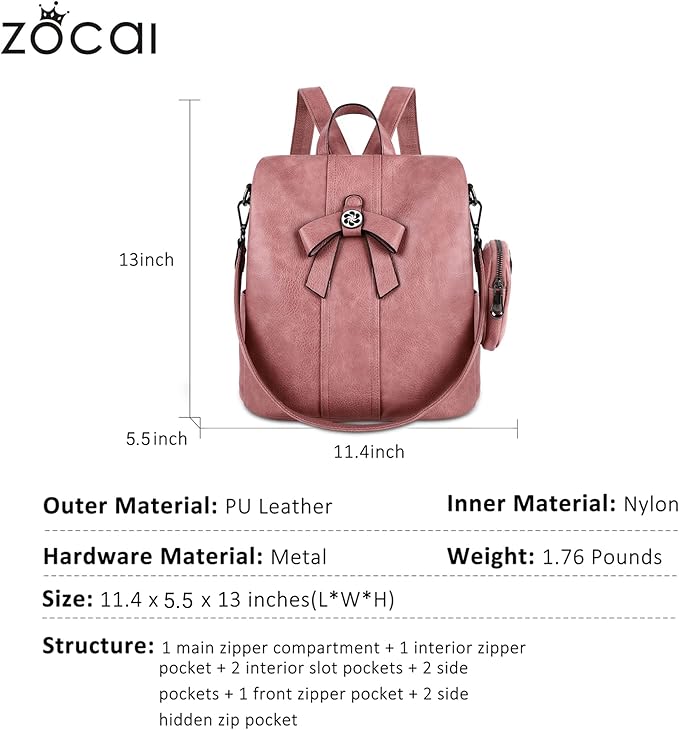 ZOCAI Backpack Purse for Women Fashion Backpack Purses PU Leather Daypacks Anti-Theft Shoulder Bag Satchel Purse