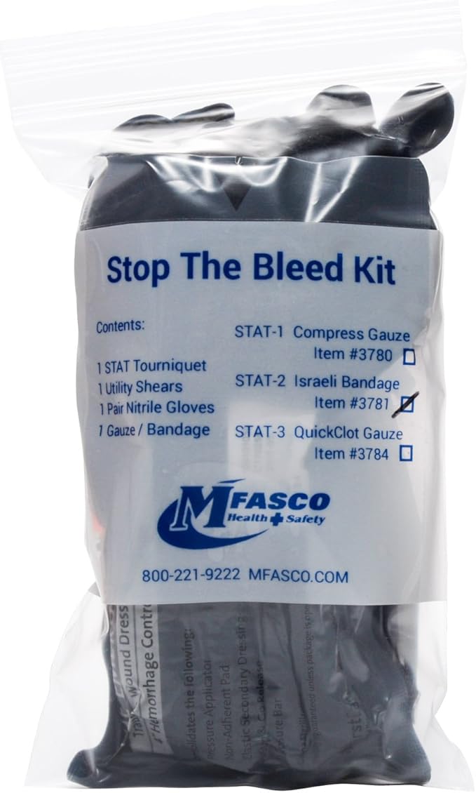 MFASCO Stop The Bleed Personal Pack-Contains 4 Inch Military Israeli Bandage,Easy Apply STAT Tourniquet Safe for Children,for Schools,Non-Medical Use-Assembled in USA,Latex Free-6.75 x 4 x 1.5 inches