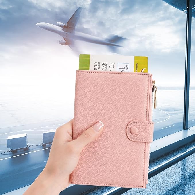 WASON Leather Passport Cover Travel Wallet RFID Blocking – Passport Holder Slot with Zipper Pocket for lD, Boarding Pass,Ticket, Cash, SD Card, Travel Essentials for Men and Women (Pink)