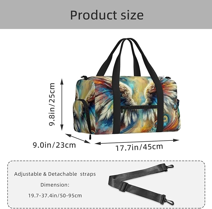 Abstract Angel Wings Print Gym Bag with Shoe Compartment for Women Men, 17.7in Sports Duffle Weekender Tote, Overnight Travel Duffel Bag Carry On