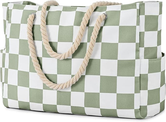 Becokan Beach Bags for Women Checkered Large Beach Tote Bag Zipper Beach Bags Waterproof Sandproof Canvas Swim Pool Bag
