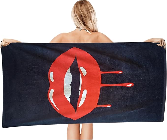 Lip Drip Sexy Kiss Glam Beach Towel 30”x60” – 100% Cotton Velour, Absorbent, Quick-Dry, Easy-Pack for Spring Break, Vacation, Beach, Pool, or Sunbathing – Lightweight, Compact – Funny Novelty Gift