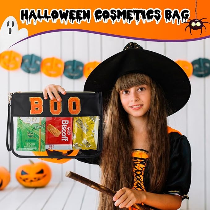 2 Pcs Halloween Gifts Cosmetic Makeup Bags with Boo Chenille Letter Patch, Clear Pouch PVC Organizer Purse, Waterproof Travel Bag, Portable Toiletry Storage Bag for Girls Friends Women