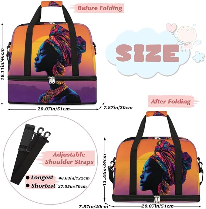 Foldable Travel Duffel Bag for Women - Carry on Personal Item Bag with Shoes Compartment, Weekender Overnight Duffle Bags Sport Tote Gym Luggage for Airplanes(Traditional African woman)