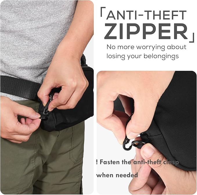 Black Fanny Pack Anti Theft for Women Men Travel, Small Belt Bag, Waist Crossbody with Adjustable Strap, Water-repellent & Lightweight, Stylish Everywhere Bag for Teens Trip, Workout, Unisex