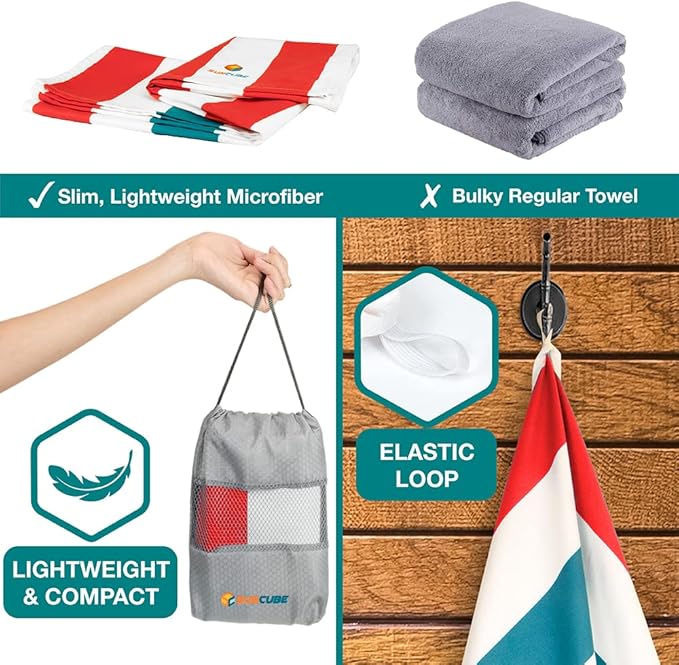 SUN CUBE Microfiber Beach Towel, Quick Dry Sand Free Beach Towel, Lightweight Compact Travel Swim Towel for Pool, Camping, Sand Resistant Packable Adult Towel - Red 78x35 Inches