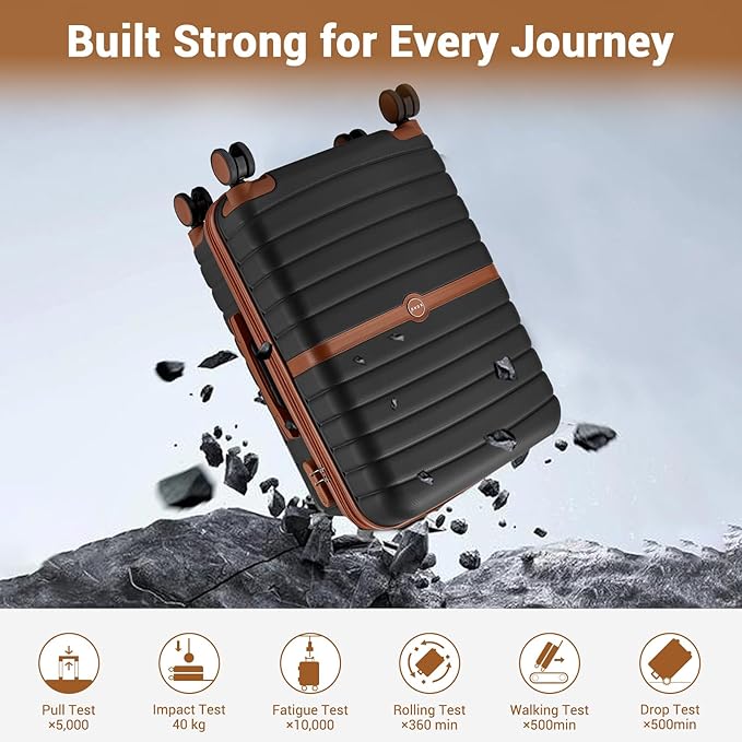 Kono Expandable Carry On Luggage 22x14x9 Airline Approved with Spinner Wheels, 20 Inch Durable PC+ABS Hardshell Travel Suitcase Rolling Luggage with Lock, Black/Brown