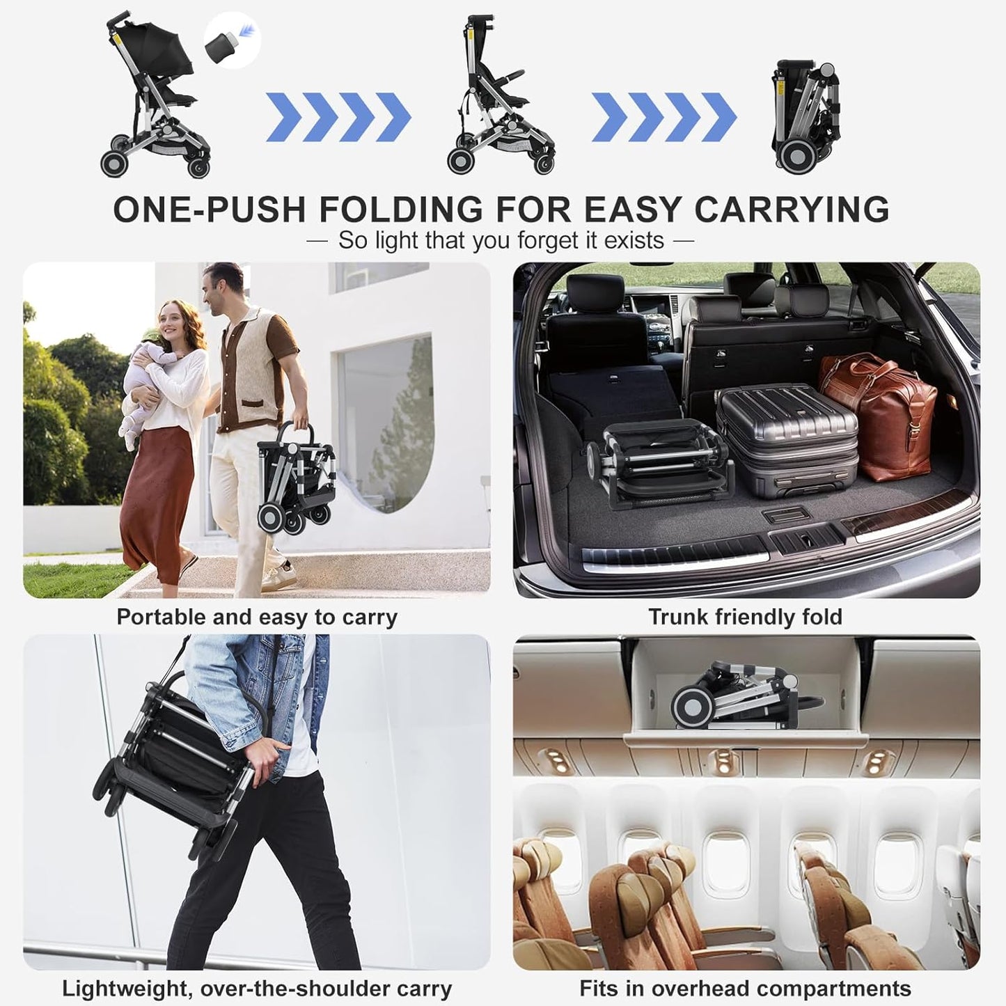 Travel Stroller for Airplane Ultra Compact Umbrella Stroller One-Handed Folding Design Overhead Friendly Lightweight Aluminum Alloy Frame