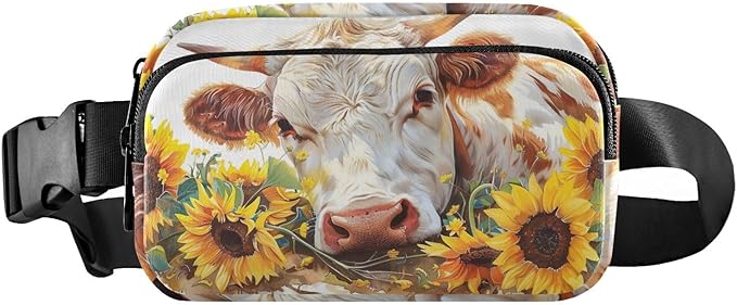 Kawaii Cow Sunflower Fanny Pack for Women Men Water Resistant Fashion Waist Packs with Adjustable Strap Belt Bag for Travel Workout Jogging Hiking 21220225