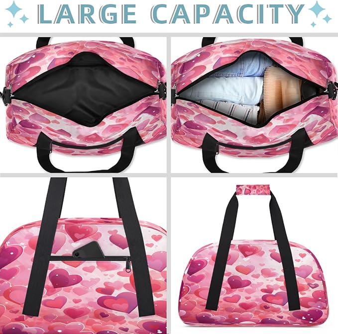 Travel Duffle Bag, Pink Hearts Love Waterproof Weekender Overnight Bags for Women Men Lightweight Carry on Duffle Gym Bag for Travel, Sports, Fitness, Workout