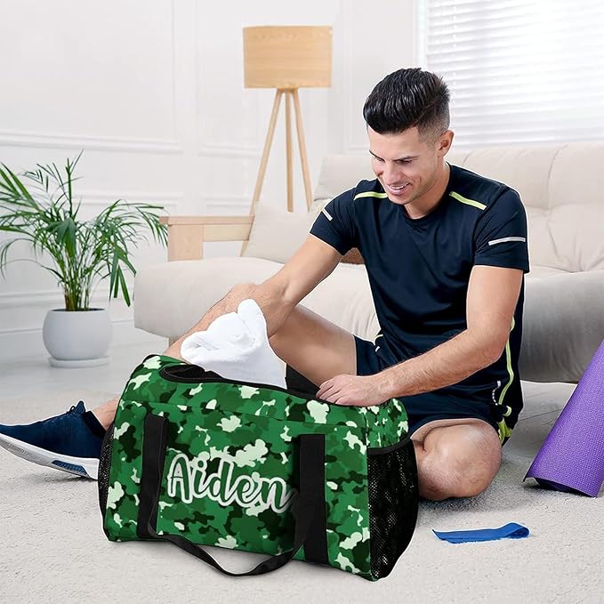 Camouflage Camo Green Pattern Duffle Bag for Men Women, Personalized Custom Name Text Crossbody Bags, Travel Sport Gym Perform Training Gym Bag