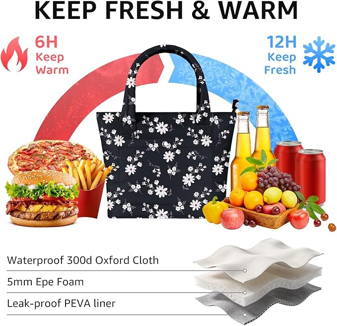 Tote Lunch Bag Women Stylish Quilted Lunch Boxes for Adult Fit and Fresh Cooler Insulated Lunchbox for Work Large 10 Liters Cute Compact Lunchbag Waterproof Black Floral