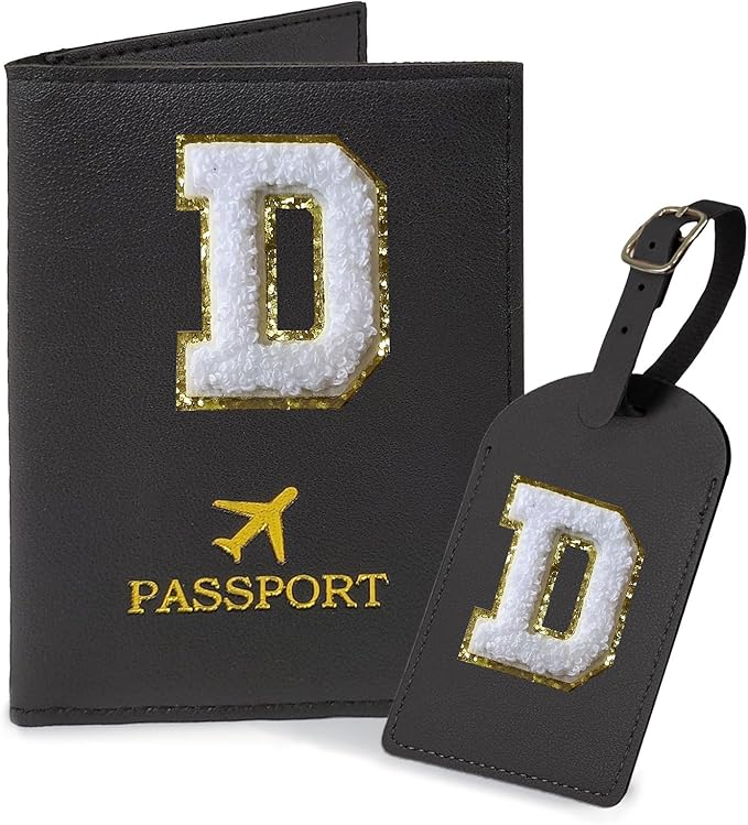COSHAYSOO Black Initial Passport Cover and Luggage Tag Set TSA Approved with Chenille Letter Patch for Women Teenage Girls, Family Travel Passport Holder Bag Suitcase Cruise Ships Identifier(D)