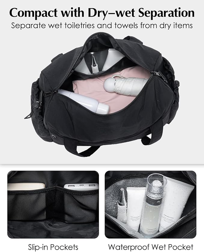 Small Gym Bag, Mini Gym Bag for Women with Yoga Mat Holder and Wet Compartment, Cute Mini Puffer Duffle Bag with Water Bottle Pocket for Workout Yoga Dance, Puffer Black