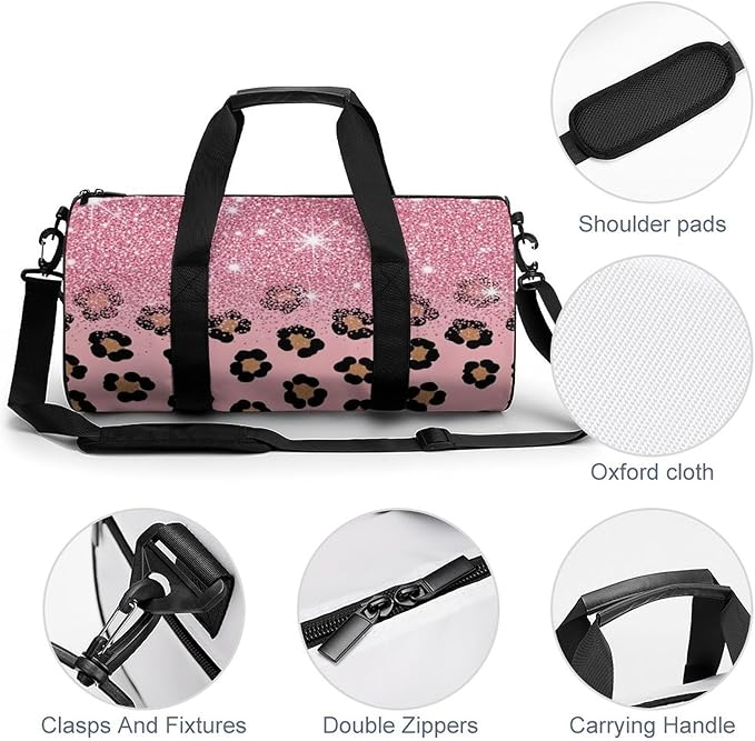 Lightweight Travel Sports Carry On Bag Pink Glitter Sparkles Cheetah Leopard Print Basketball Football Weekender Bag Sport Gym Fitness Tote