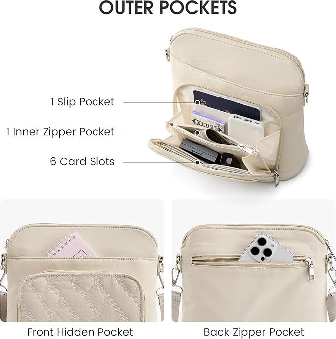 G4Free Anti-Theft Crossbody Bags for Women, Lightweight Nylon Shoulder Purse Medium Handbags for Travel Work-Beige