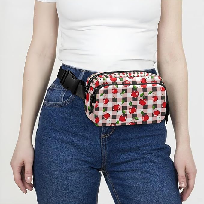 Cherry Red Checkered Plaid Fanny Pack for Women Men Water Resistant Fashion Waist Packs with Adjustable Strap Belt Bag for Travel Workout Jogging Hiking 21219404