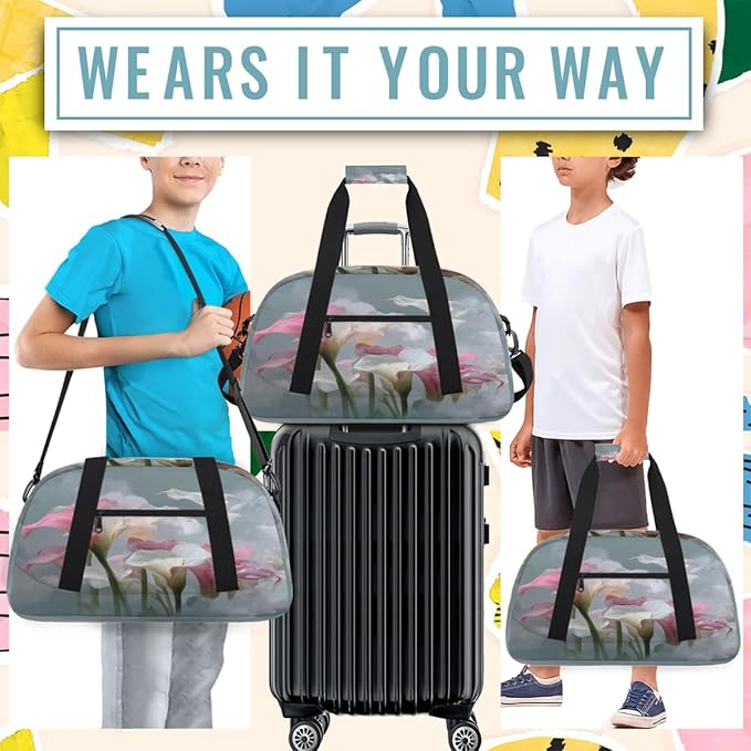 Kids Duffle Bag Girls Boys Watercolor Pink White Calla Lily Flowers Weekender Overnight Bag,Lightweight Duffel Bags for Traveling Gym Sport Dance