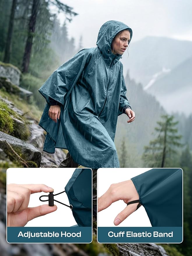 SaphiRose Lightweight Waterproof Rain Poncho for Adults with Hood Portable Rainwear for Outdoor