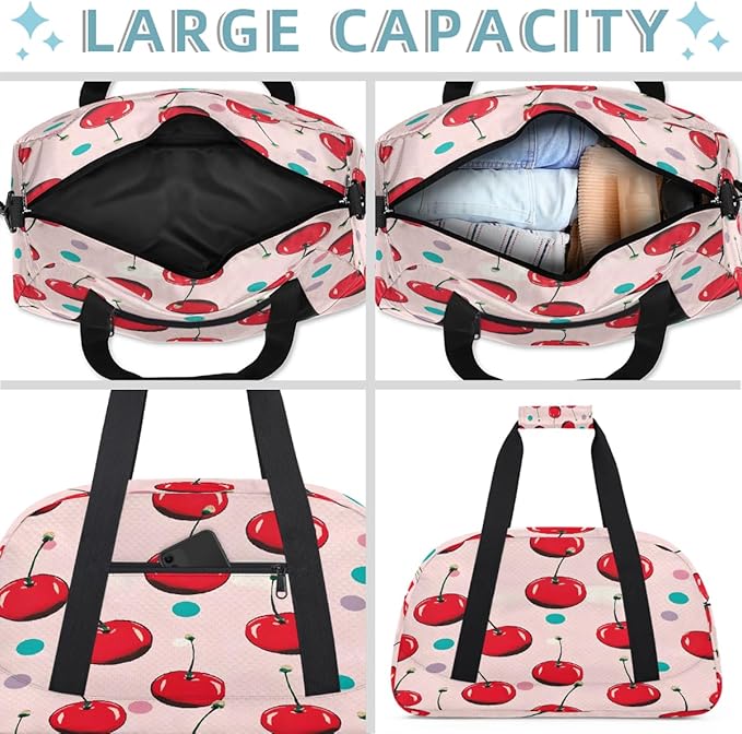 Duffle Bag for Women Men, Polka Dot Cherry Pattern Gym Bag for Travel Sports, Lightweight Waterproof Weekender Overnight Bags with Adjustable Strap