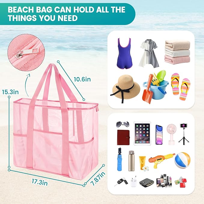 Mesh Beach Bag, Large Bag with Zipper Beach Bags for Women Waterproof Sandproof with 5 Pockets Green